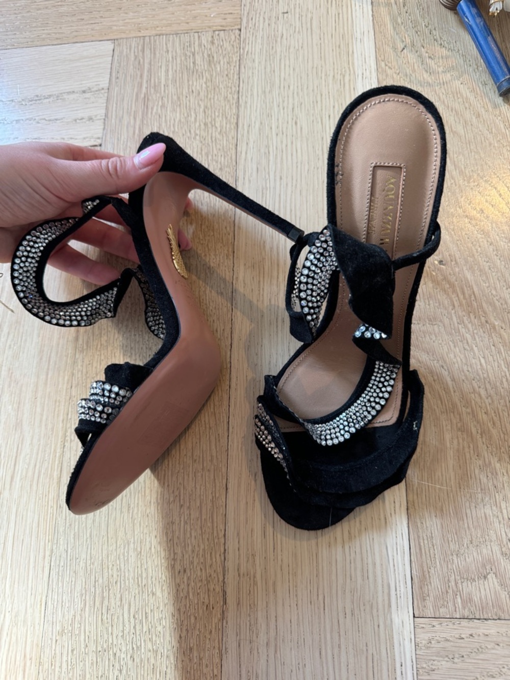 Aquazzura Black Crystal-Embellished Strappy Heels